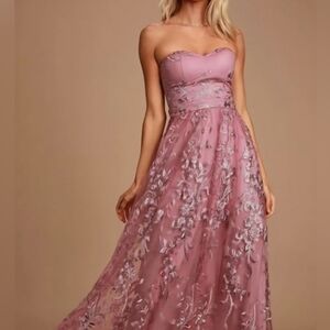 NWT Lulus Andria Mauve Purple Embroidered Strapless Maxi Dress Sz S